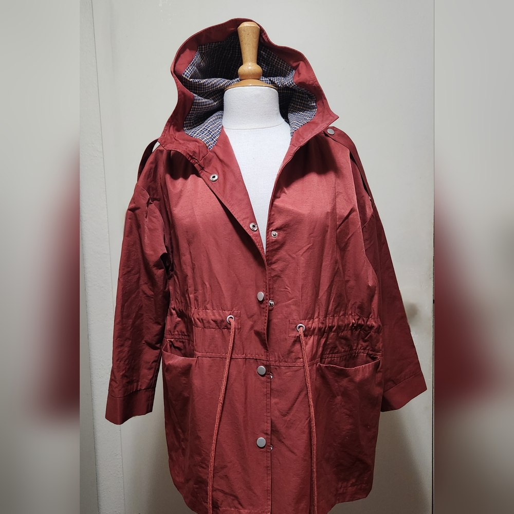 Slouch red hooded drawstring parka coat